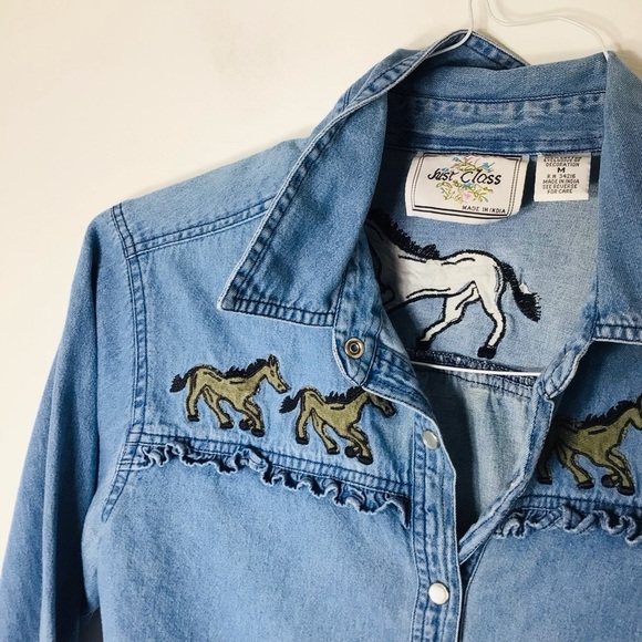 Just Class vintage button up horses India women medium blue cotton - Picture 5 of 10